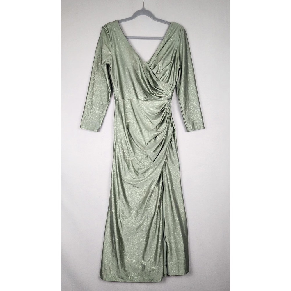Lenovia Dress Womens Medium Green Metallic‎ Ruched Surplice V-Neck Made USA Maxi